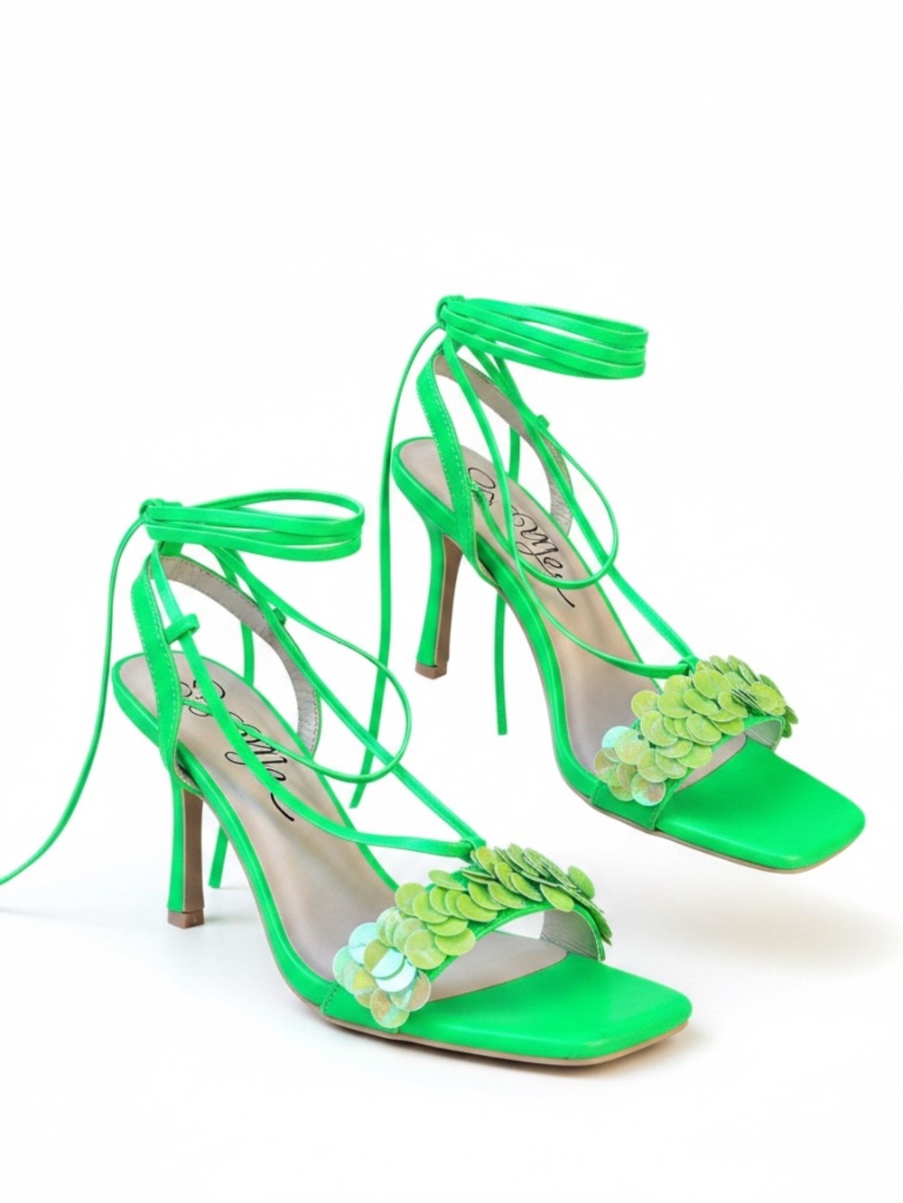 Green Lace-Up High Heel Sandals with Floral Applique